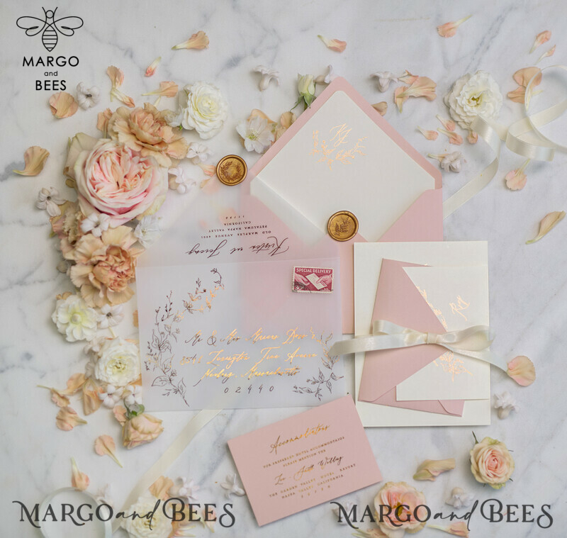 Bespoke Vellum Wedding Invitation Suite: Romantic Blush Pink and Glamour Gold Foil with Elegant Golden Touch-31