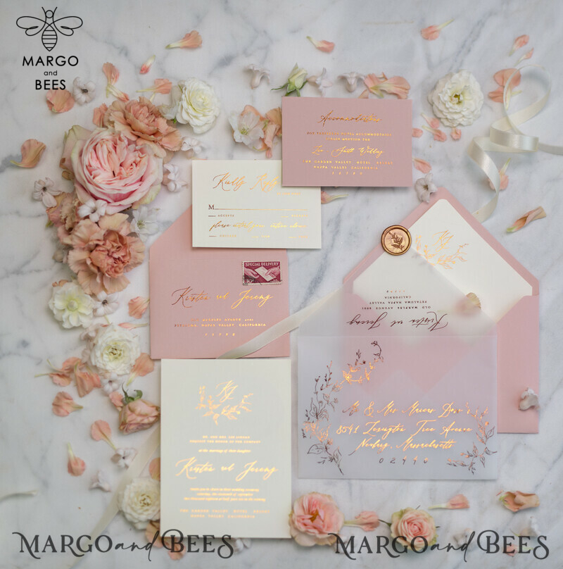 Bespoke Vellum Wedding Invitation Suite: Romantic Blush Pink and Glamour Gold Foil for an Elegant Golden Affair-32