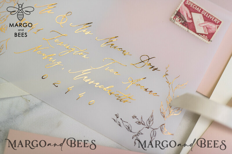 Bespoke Vellum Wedding Invitation Suite: Romantic Blush Pink and Glamour Gold Foil with Elegant Golden Touch-33
