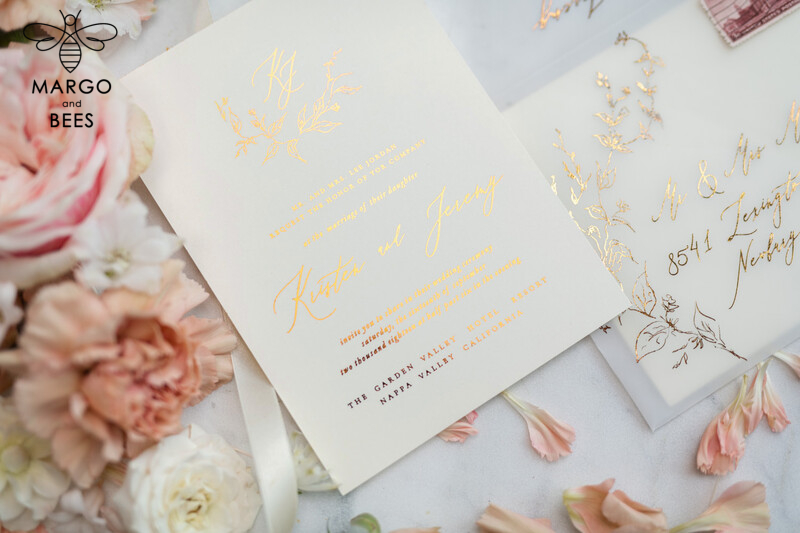 Bespoke Vellum Wedding Invitation Suite: Romantic Blush Pink and Glamour Gold Foil for Elegant Golden Wedding Invites-4