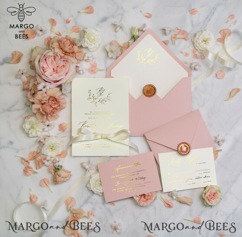 Bespoke Vellum Wedding Invitation Suite: Romantic Blush Pink and Glamour Gold Foil for an Elegant Golden Affair-34