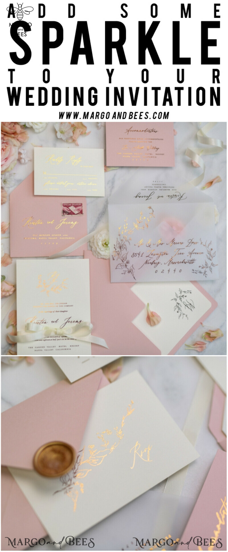 Bespoke Vellum Wedding Invitation Suite: Romantic Blush Pink and Glamour Gold Foil with Elegant Golden Touch-35
