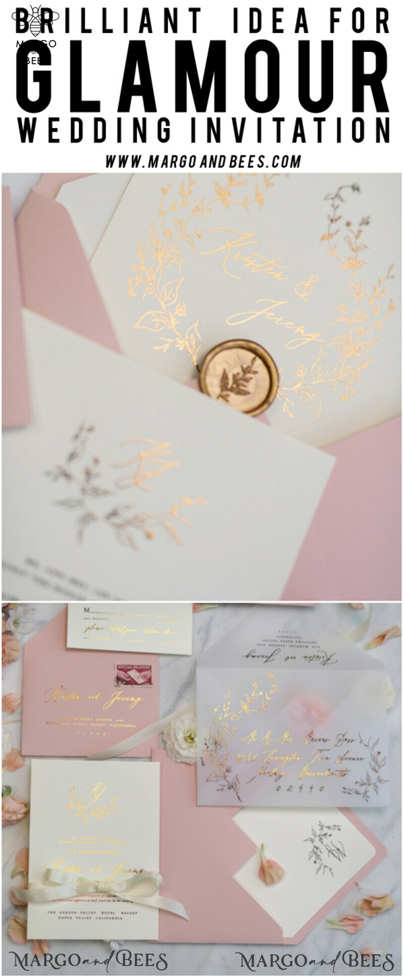 Bespoke Vellum Wedding Invitation Suite: Romantic Blush Pink and Glamour Gold Foil for Elegant Golden Wedding Invites-36