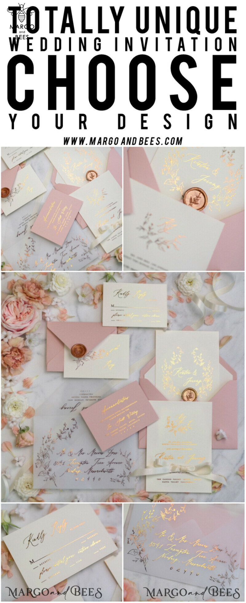 Bespoke Vellum Wedding Invitation Suite: Romantic Blush Pink and Glamour Gold Foil for an Elegant Golden Wedding-37