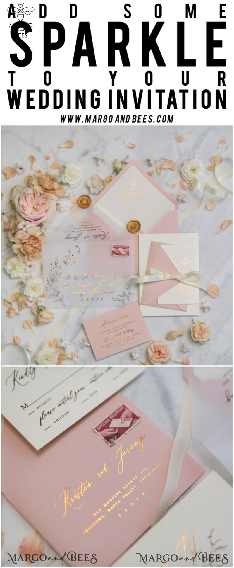 Bespoke Vellum Wedding Invitation Suite: Romantic Blush Pink and Glamour Gold Foil with Elegant Golden Touch-38