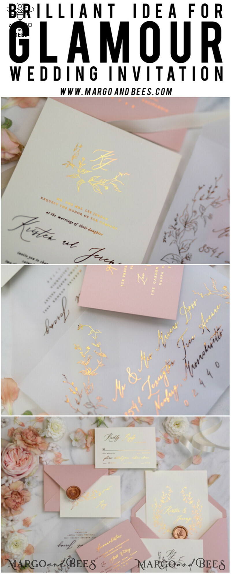 Bespoke Vellum Wedding Invitation Suite: Romantic Blush Pink and Glamour Gold Foil with Elegant Golden Touch-39