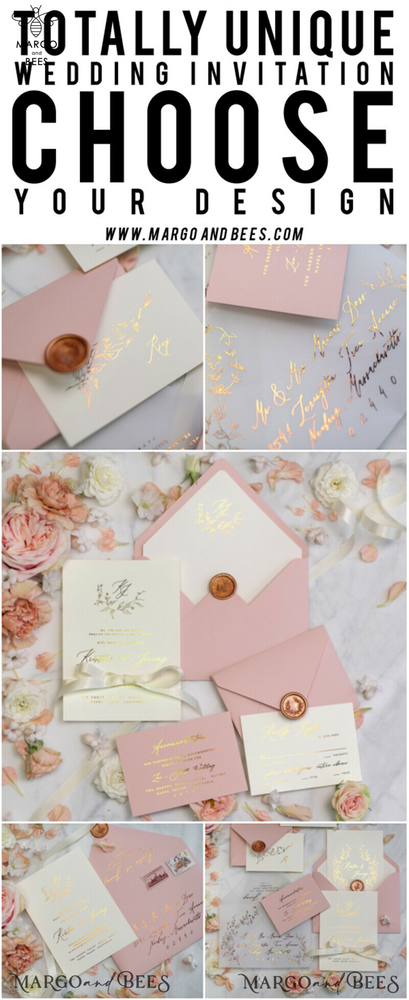 Bespoke Vellum Wedding Invitation Suite: Romantic Blush Pink and Glamour Gold Foil for Elegant Golden Wedding Invites-40