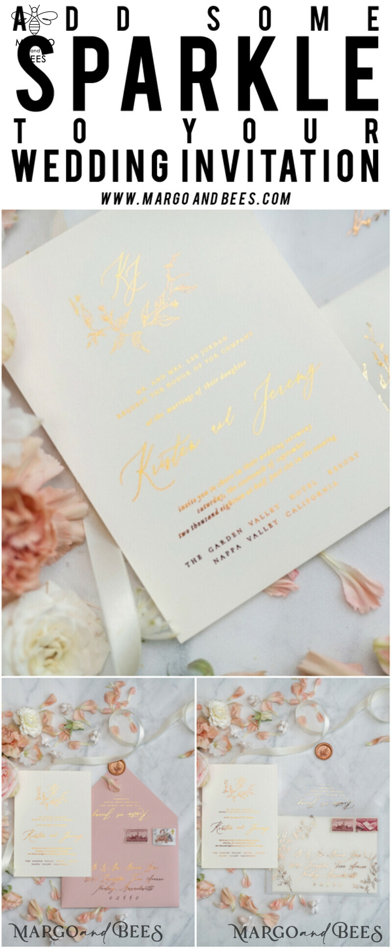 Bespoke Vellum Wedding Invitation Suite: Romantic Blush Pink and Glamour Gold Foil with Elegant Golden Touch-41