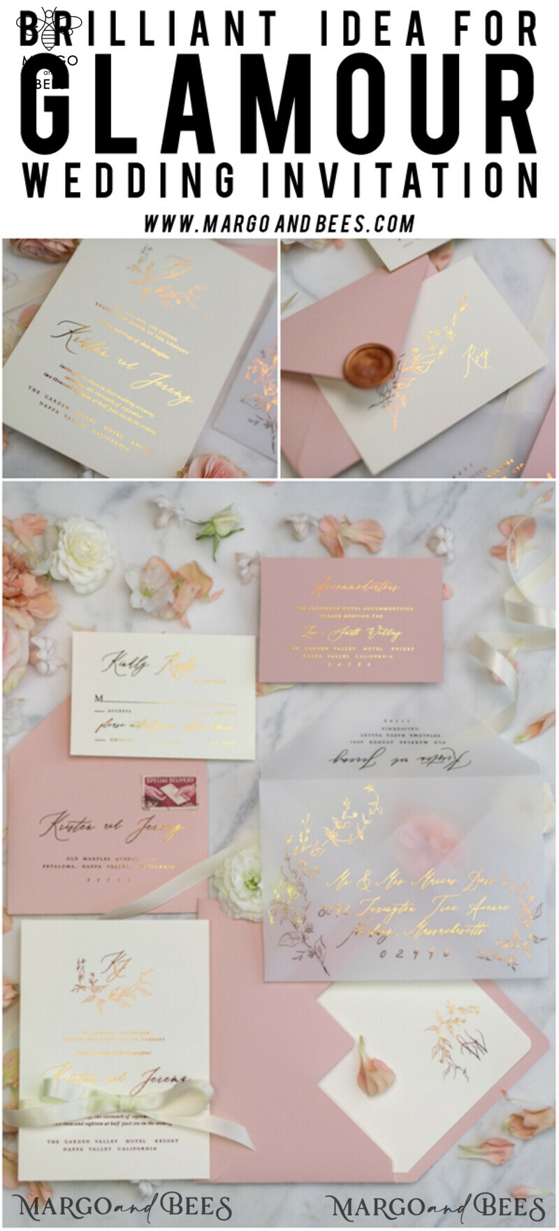 Bespoke Vellum Wedding Invitation Suite: Romantic Blush Pink and Glamour Gold Foil with Elegant Golden Touch-42