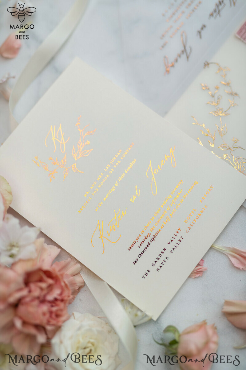 Bespoke Vellum Wedding Invitation Suite: Romantic Blush Pink and Glamour Gold Foil with Elegant Golden Touch-5
