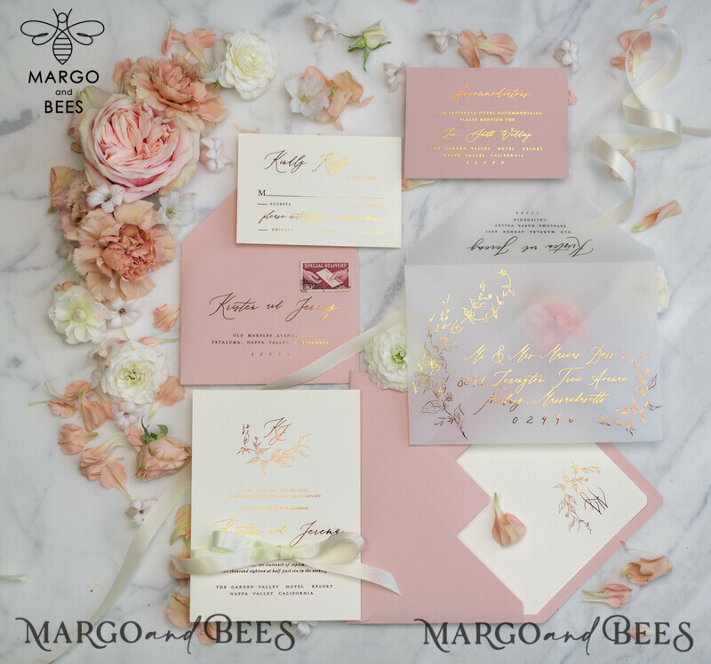 Bespoke Vellum Wedding Invitation Suite: Romantic Blush Pink and Glamour Gold Foil for Elegant Golden Wedding Invites-6