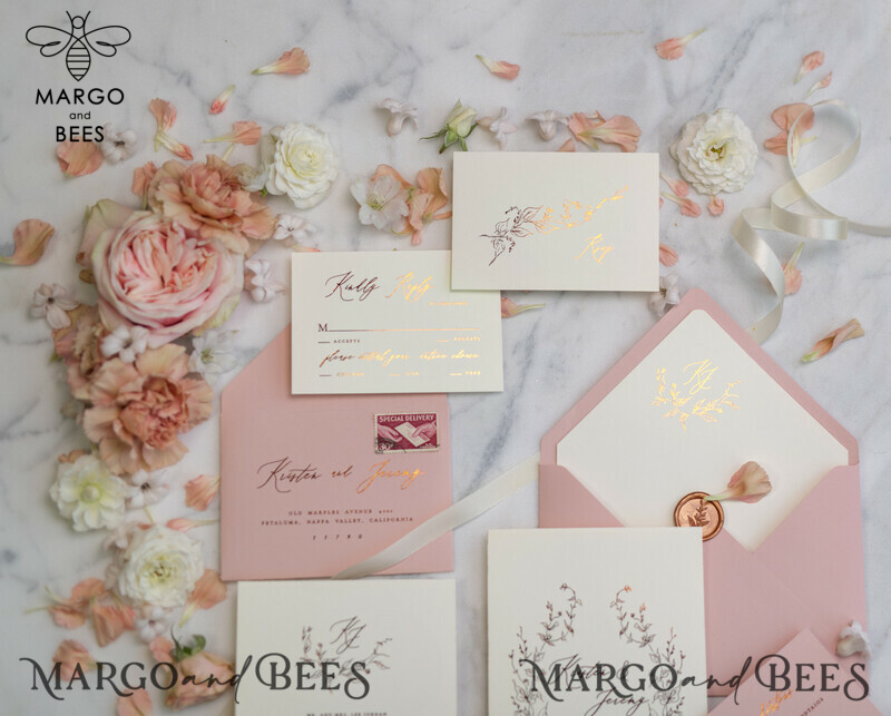 Bespoke Vellum Wedding Invitation Suite: Romantic Blush Pink and Glamour Gold Foil for Elegant Golden Wedding Invites-7