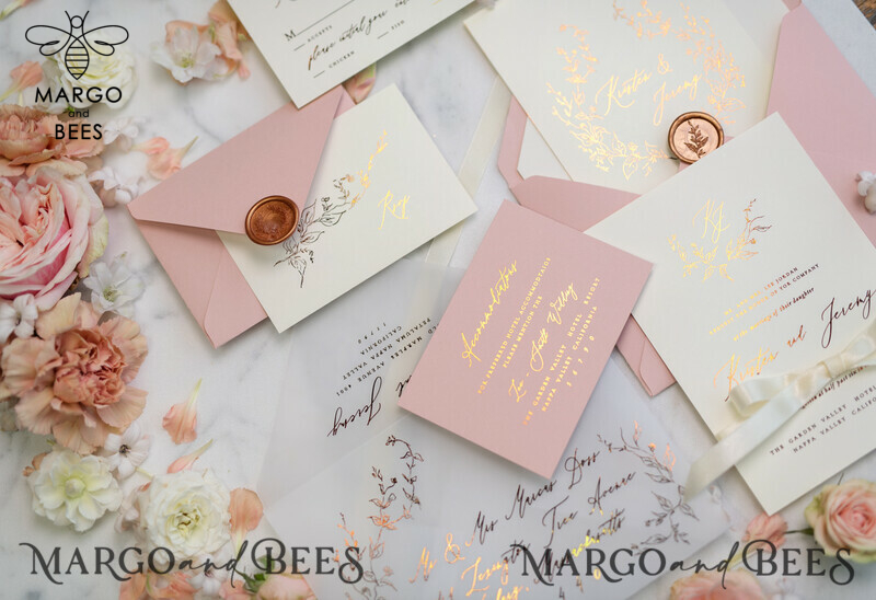 Bespoke Vellum Wedding Invitation Suite: Romantic Blush Pink and Glamour Gold Foil with Elegant Golden Touch-8