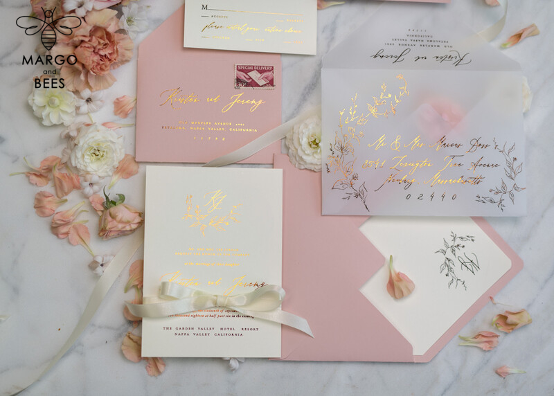 Bespoke Vellum Wedding Invitation Suite: Romantic Blush Pink and Glamour Gold Foil with Elegant Golden Touch-9