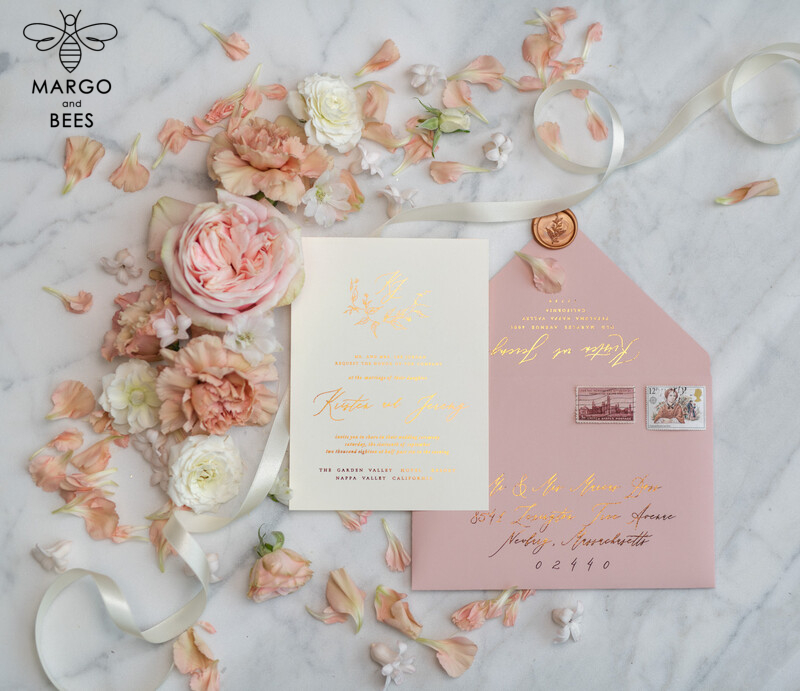 Bespoke Vellum Wedding Invitation Suite: Romantic Blush Pink and Glamour Gold Foil with Elegant Golden Touch-0