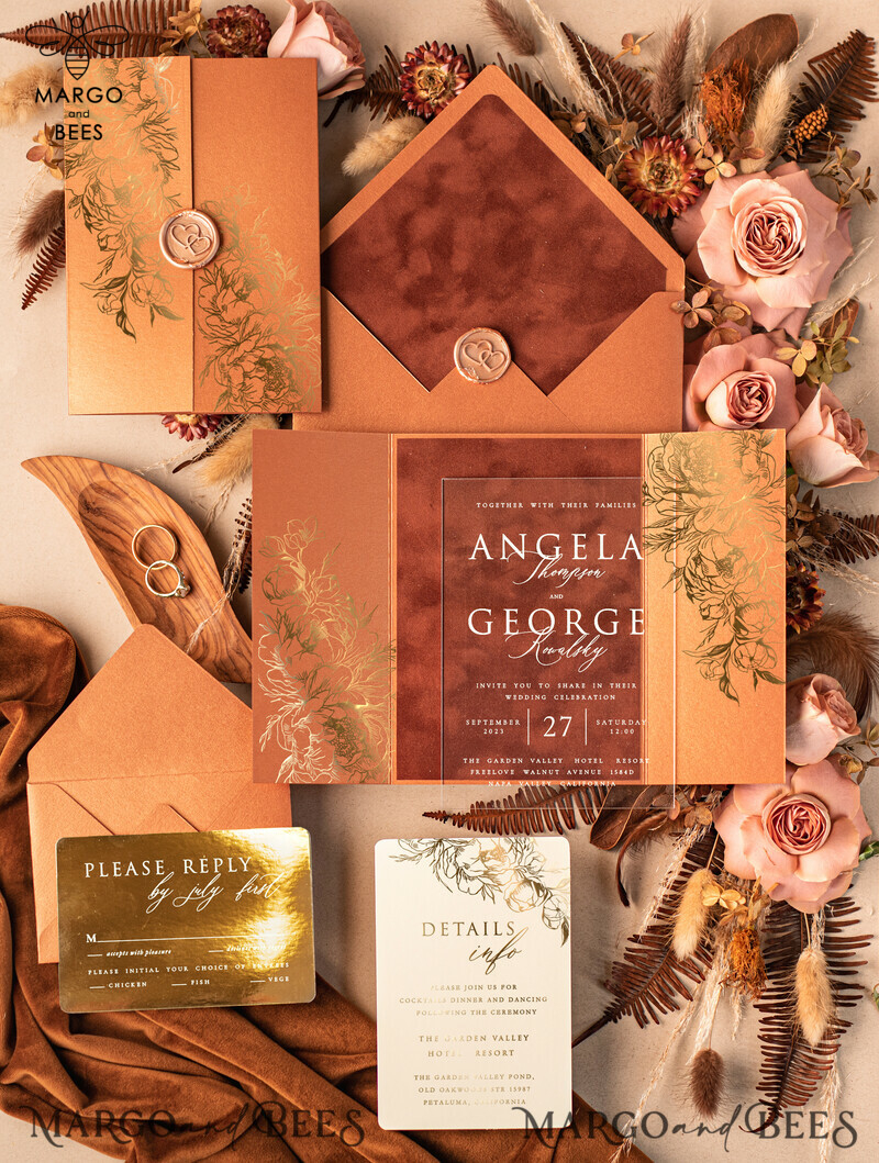 Introducing Luxurious Bespoke Acrylic Gold Wedding Invitations with Glamour Velvet Terracotta Touch and Golden Shine Plexi Suite. Complete Your Wedding with Exquisite Luxury Wedding Cards featuring a Wax Seal in Copper.-0