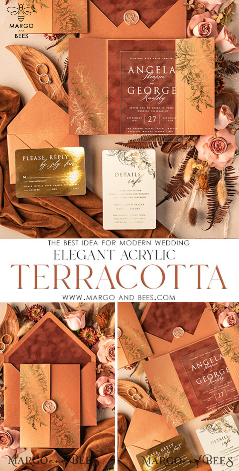 Introducing Luxurious Bespoke Acrylic Gold Wedding Invitations with Glamour Velvet Terracotta Touch and Golden Shine Plexi Suite. Complete Your Wedding with Exquisite Luxury Wedding Cards featuring a Wax Seal in Copper.-2