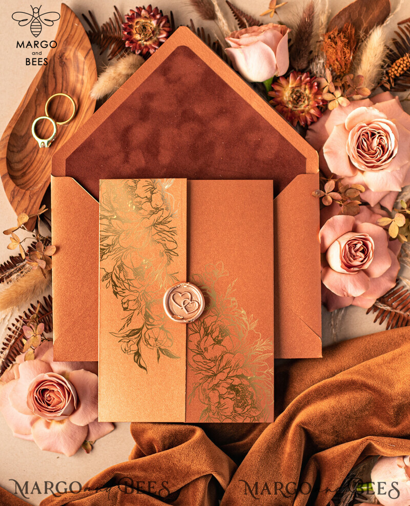 Introducing Luxurious Bespoke Acrylic Gold Wedding Invitations with Glamour Velvet Terracotta Touch and Golden Shine Plexi Suite. Complete Your Wedding with Exquisite Luxury Wedding Cards featuring a Wax Seal in Copper.-5