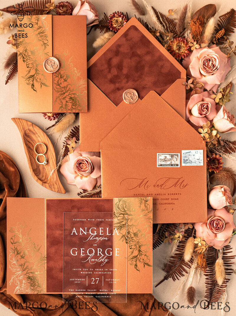 Introducing Luxurious Bespoke Acrylic Gold Wedding Invitations with Glamour Velvet Terracotta Touch and Golden Shine Plexi Suite. Complete Your Wedding with Exquisite Luxury Wedding Cards featuring a Wax Seal in Copper.-3
