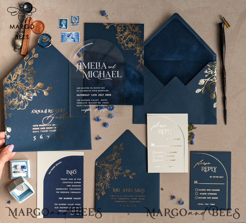 Navy Gold Arch Wedding Invitations: Add a Touch of Elegance to Your Big Day with Our Stunning Designs!

Introducing Plexi Pocket Velvet Wedding Invitations: Luxurious and Stylish, Perfect for Your Special Day!

Dark Blue Gold Wedding Invitation Suite: Create a Timeless and Regal Atmosphere for Your Wedding with Our Exquisite Designs!

Elegant Wedding Cards: Make a Lasting Impression with Our Sophisticated Invitations, Truly Reflecting the Beauty of Your Love Story.-15