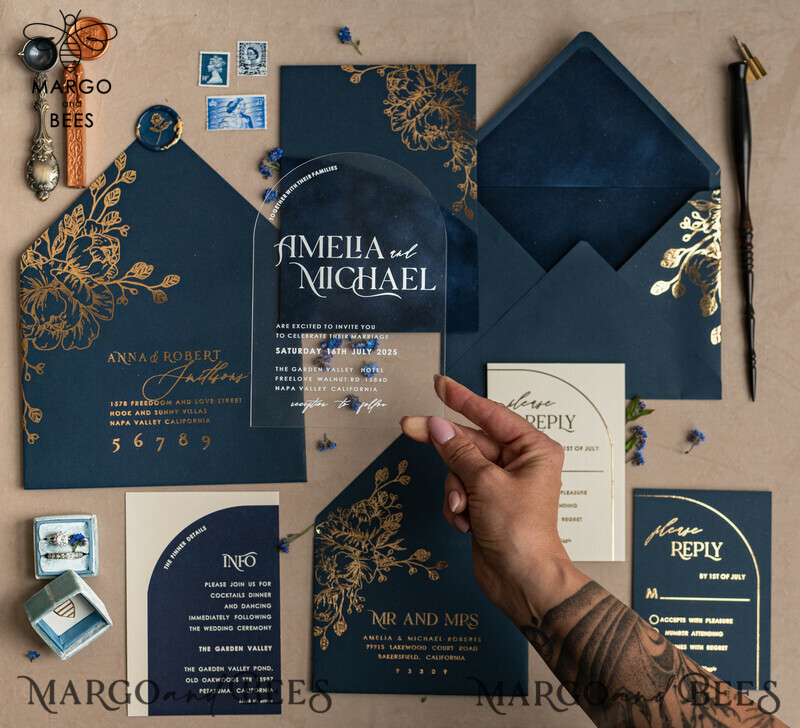 Navy Gold Arch Wedding Invitations: Add a Touch of Elegance to Your Big Day with Our Stunning Designs!

Introducing Plexi Pocket Velvet Wedding Invitations: Luxurious and Stylish, Perfect for Your Special Day!

Dark Blue Gold Wedding Invitation Suite: Create a Timeless and Regal Atmosphere for Your Wedding with Our Exquisite Designs!

Elegant Wedding Cards: Make a Lasting Impression with Our Sophisticated Invitations, Truly Reflecting the Beauty of Your Love Story.-17