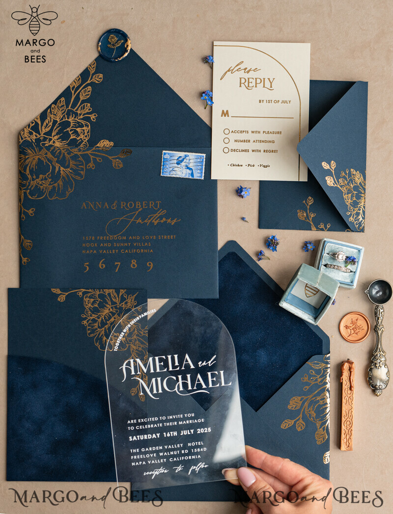 Navy Gold Arch Wedding Invitations: Add a Touch of Elegance to Your Big Day with Our Stunning Designs!

Introducing Plexi Pocket Velvet Wedding Invitations: Luxurious and Stylish, Perfect for Your Special Day!

Dark Blue Gold Wedding Invitation Suite: Create a Timeless and Regal Atmosphere for Your Wedding with Our Exquisite Designs!

Elegant Wedding Cards: Make a Lasting Impression with Our Sophisticated Invitations, Truly Reflecting the Beauty of Your Love Story.-24