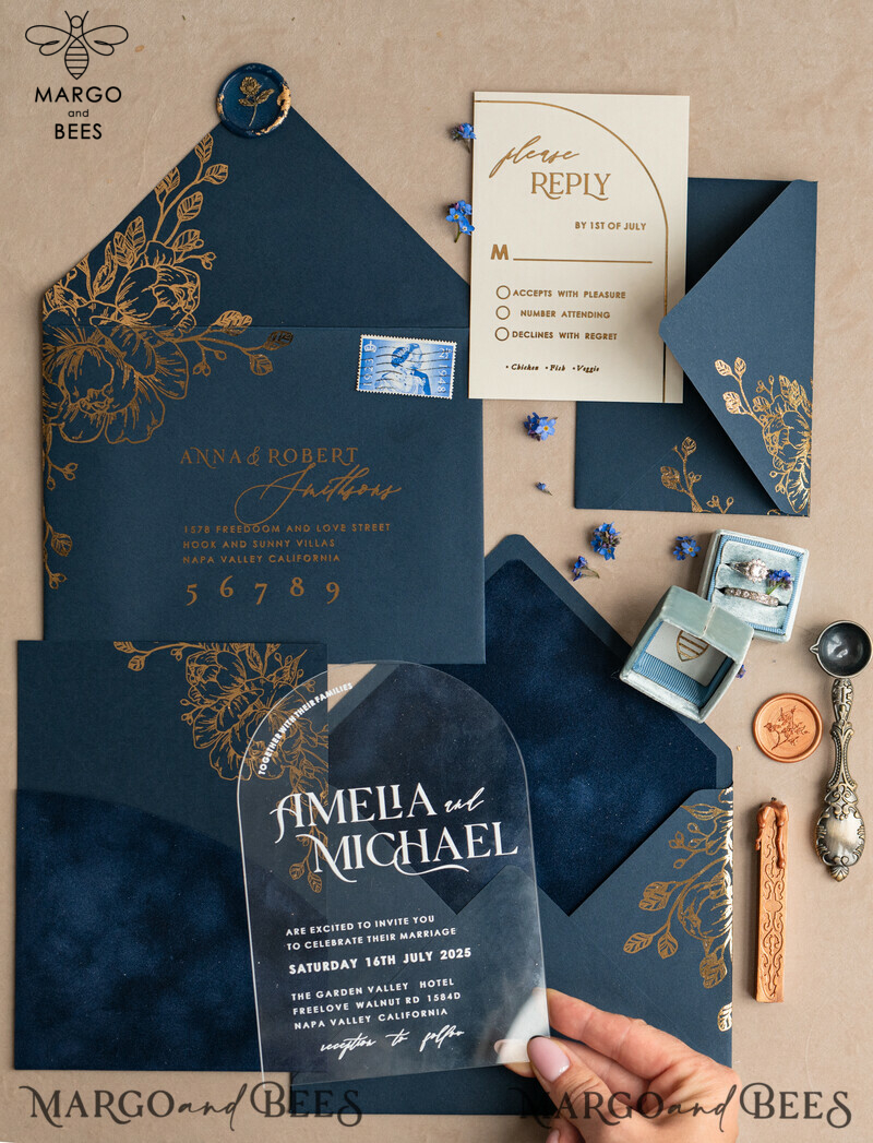 Navy Gold Arch Wedding Invitations: Add a Touch of Elegance to Your Big Day with Our Stunning Designs!

Introducing Plexi Pocket Velvet Wedding Invitations: Luxurious and Stylish, Perfect for Your Special Day!

Dark Blue Gold Wedding Invitation Suite: Create a Timeless and Regal Atmosphere for Your Wedding with Our Exquisite Designs!

Elegant Wedding Cards: Make a Lasting Impression with Our Sophisticated Invitations, Truly Reflecting the Beauty of Your Love Story.-25