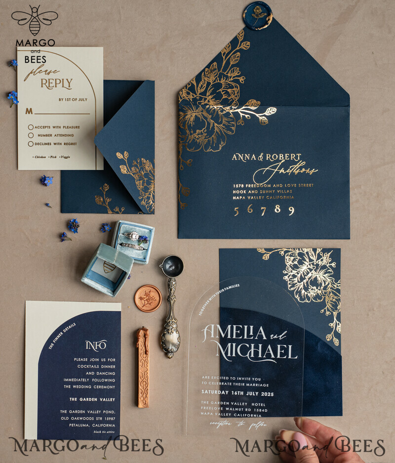 Navy Gold Arch Wedding Invitations: Add a Touch of Elegance to Your Big Day with Our Stunning Designs!

Introducing Plexi Pocket Velvet Wedding Invitations: Luxurious and Stylish, Perfect for Your Special Day!

Dark Blue Gold Wedding Invitation Suite: Create a Timeless and Regal Atmosphere for Your Wedding with Our Exquisite Designs!

Elegant Wedding Cards: Make a Lasting Impression with Our Sophisticated Invitations, Truly Reflecting the Beauty of Your Love Story.-27