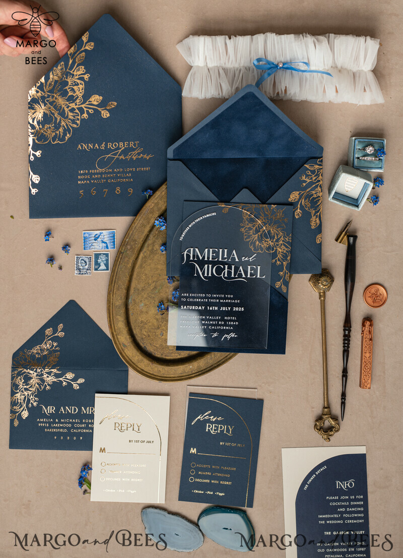 Navy Gold Arch Wedding Invitations: Add a Touch of Elegance to Your Big Day with Our Stunning Designs!

Introducing Plexi Pocket Velvet Wedding Invitations: Luxurious and Stylish, Perfect for Your Special Day!

Dark Blue Gold Wedding Invitation Suite: Create a Timeless and Regal Atmosphere for Your Wedding with Our Exquisite Designs!

Elegant Wedding Cards: Make a Lasting Impression with Our Sophisticated Invitations, Truly Reflecting the Beauty of Your Love Story.-5