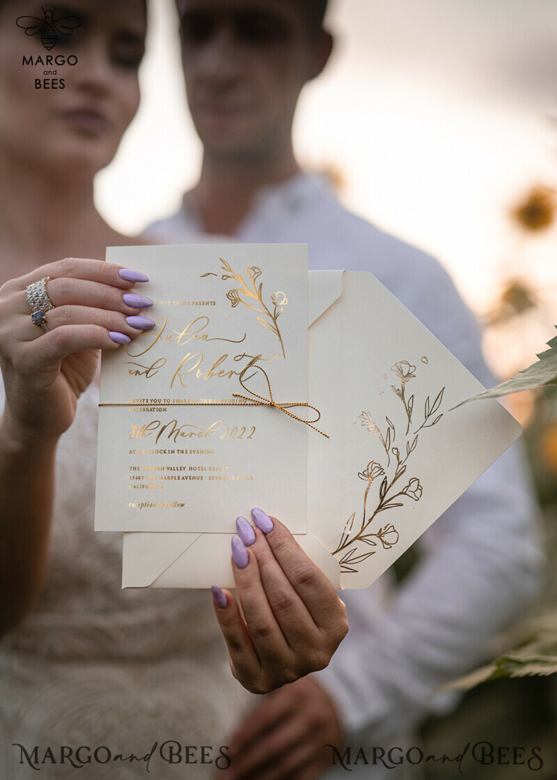 Elegant Custom Wedding Cards, Golden Nude Wedding Invitations, Bespoke Glamour Wedding Invitation Suite, Romantic Minimalistic Wedding Stationery-1