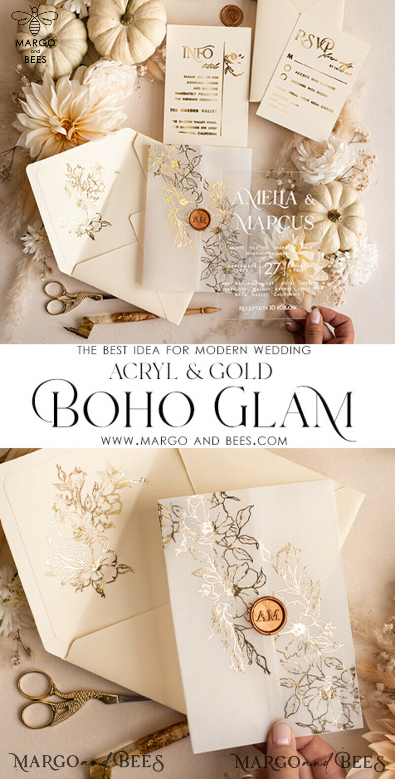 Elegant Gold Wedding Invitations with a Boho Glam and Golden Shine - Acrylic Wedding Invitation Suite-3