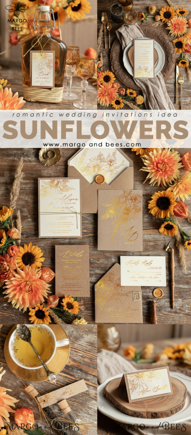 Elegant Rustic Glam Wedding Invitations with Bespoke Vintage Touch and Golden Shine: Introducing our Gold Glitter Sunflower Wedding Invites-1