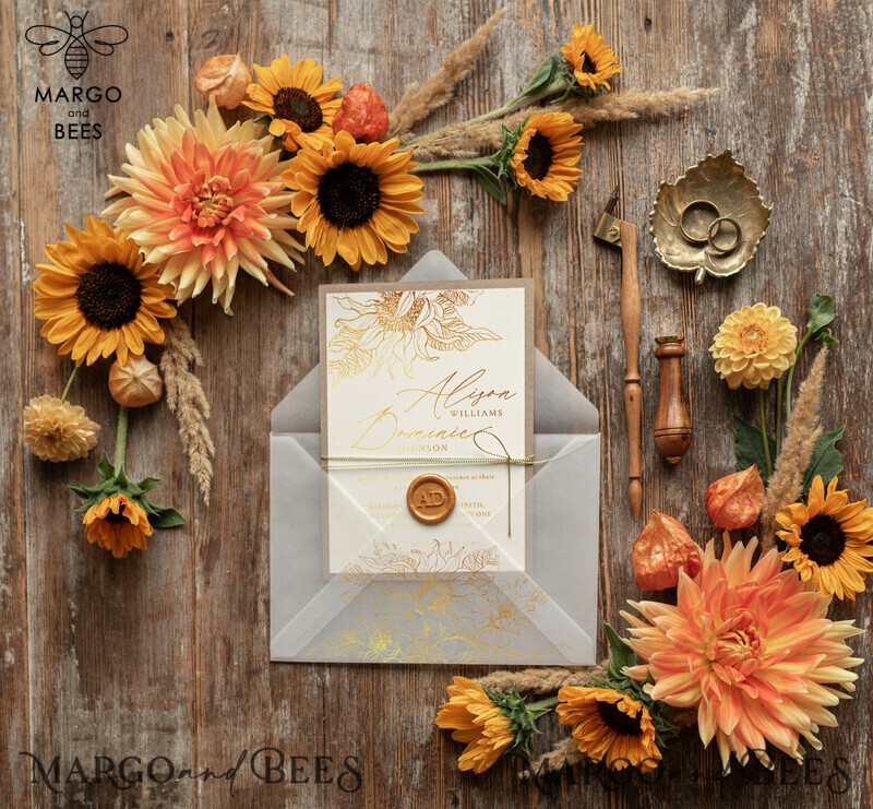  Rustic Glam Wedding Invitations, Bespoke Vintage Wedding Cards, Elegant Golden Shine Wedding Invites, Gold Glitter Sunflower Wedding Invites-10