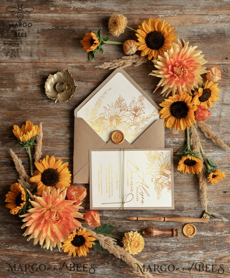  Rustic Glam Wedding Invitations, Bespoke Vintage Wedding Cards, Elegant Golden Shine Wedding Invites, Gold Glitter Sunflower Wedding Invites-11