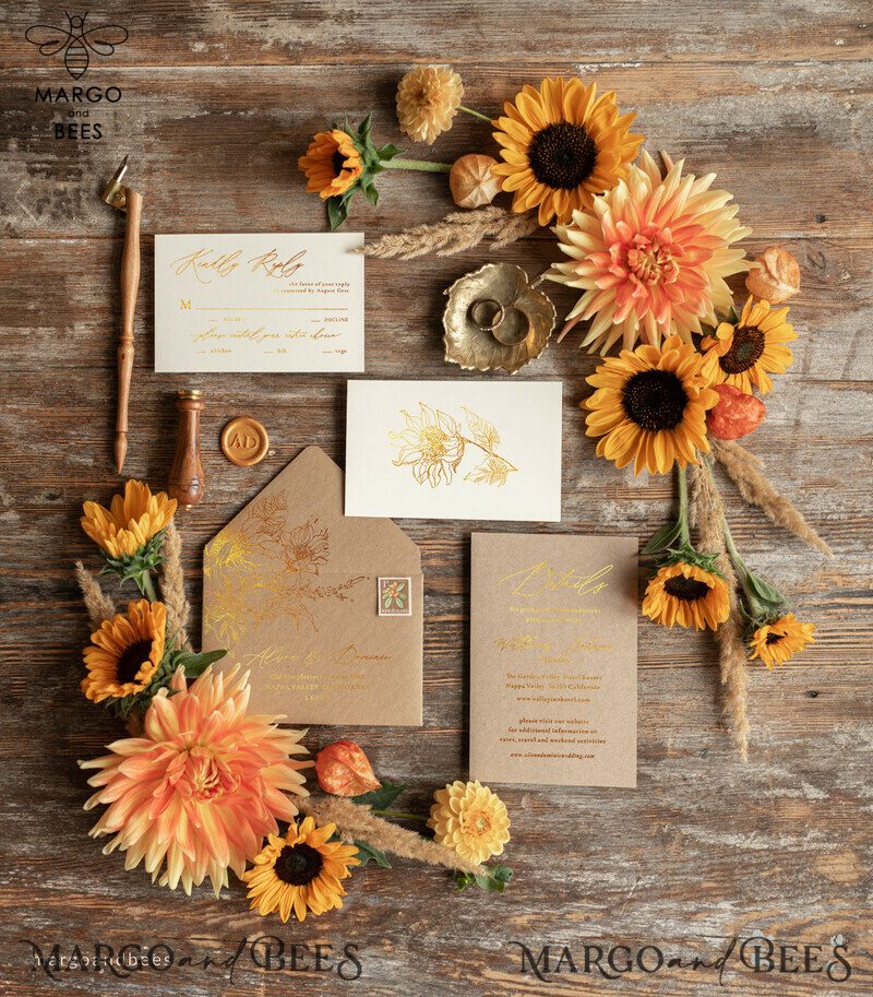 Rustic Glam Wedding Invitations, Bespoke Vintage Wedding Cards, Elegant Golden Shine Wedding Invites, Gold Glitter Sunflower Wedding Invites-2