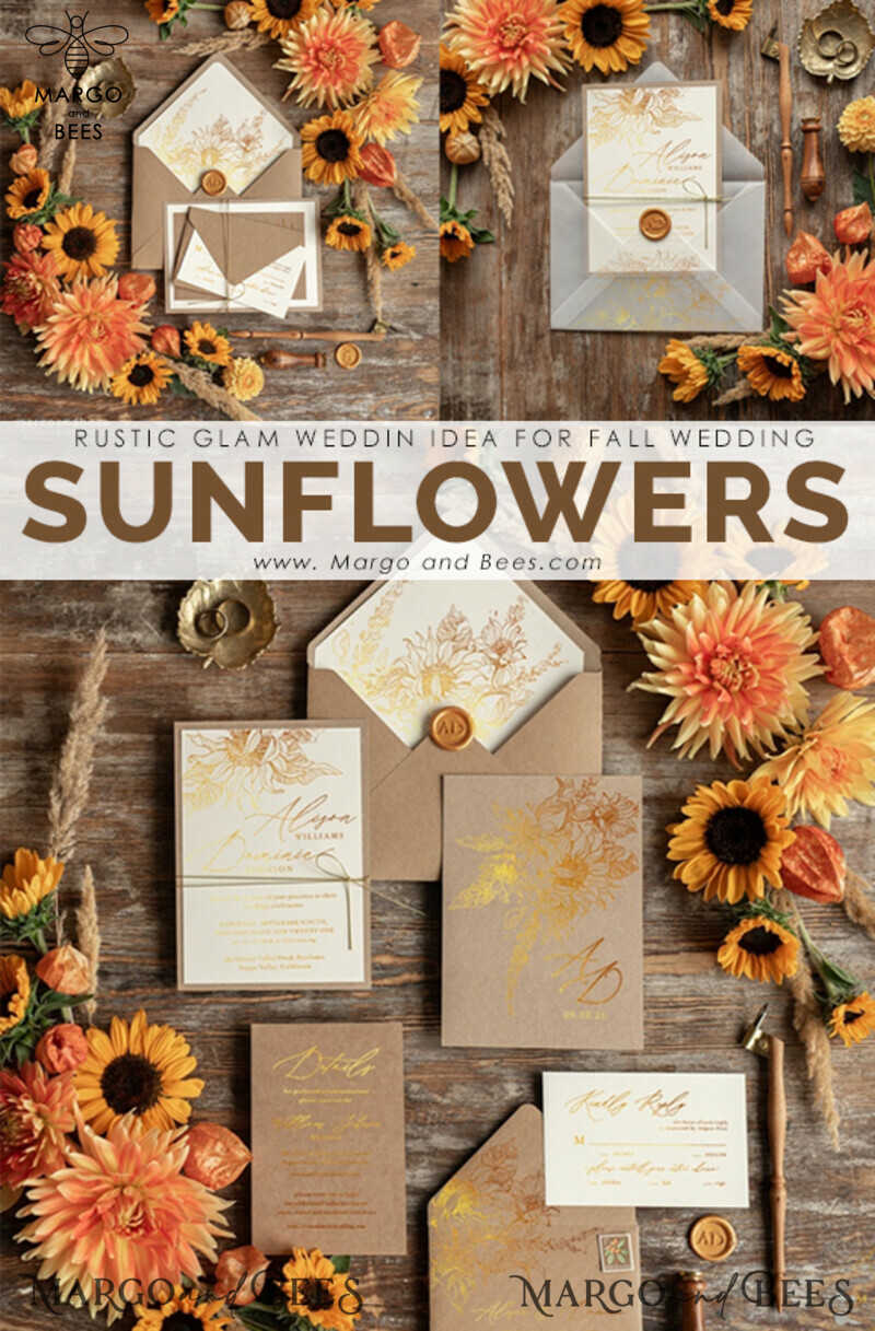 Elegant Rustic Glam Wedding Invitations with Bespoke Vintage Touch and Golden Shine: Introducing our Gold Glitter Sunflower Wedding Invites-4