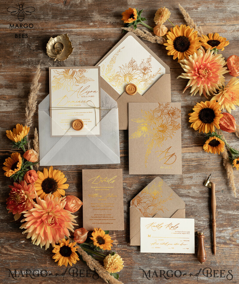  Rustic Glam Wedding Invitations, Bespoke Vintage Wedding Cards, Elegant Golden Shine Wedding Invites, Gold Glitter Sunflower Wedding Invites-6