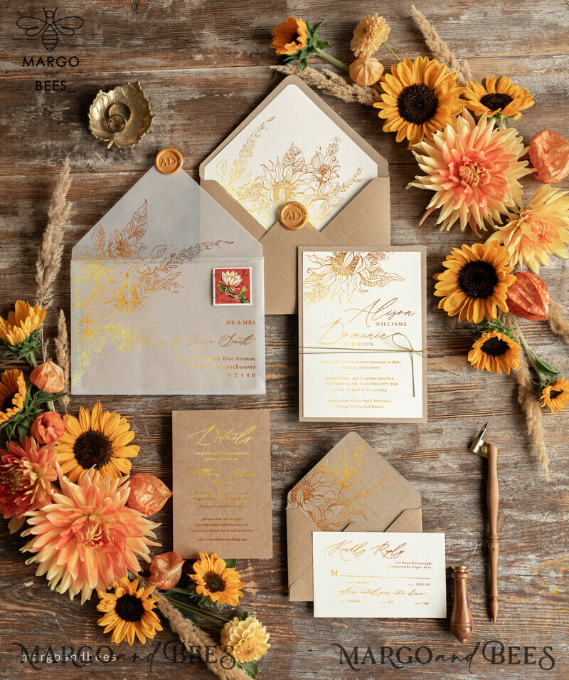 Elegant Rustic Glam Wedding Invitations with Bespoke Vintage Touch and Golden Shine: Introducing our Gold Glitter Sunflower Wedding Invites-7