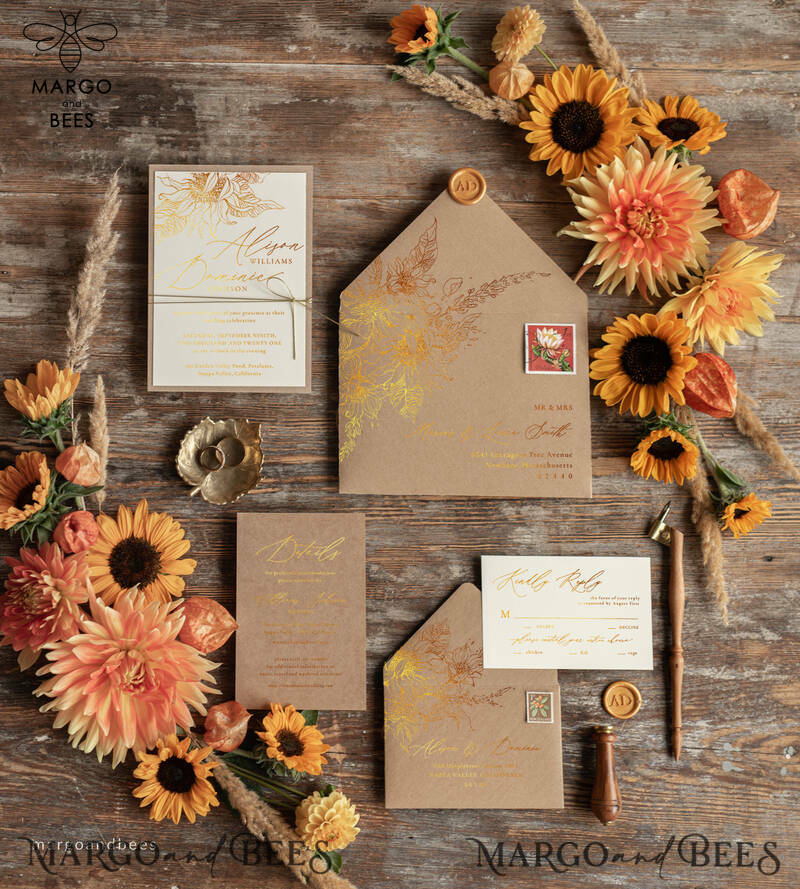  Rustic Glam Wedding Invitations, Bespoke Vintage Wedding Cards, Elegant Golden Shine Wedding Invites, Gold Glitter Sunflower Wedding Invites-8