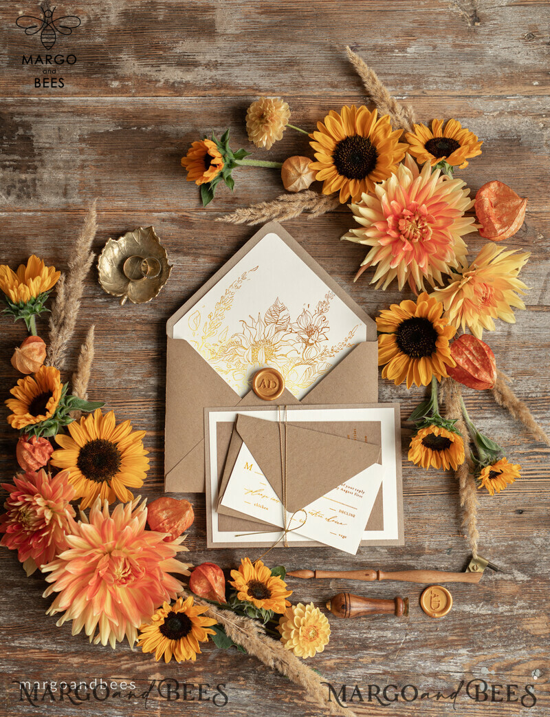  Rustic Glam Wedding Invitations, Bespoke Vintage Wedding Cards, Elegant Golden Shine Wedding Invites, Gold Glitter Sunflower Wedding Invites-9