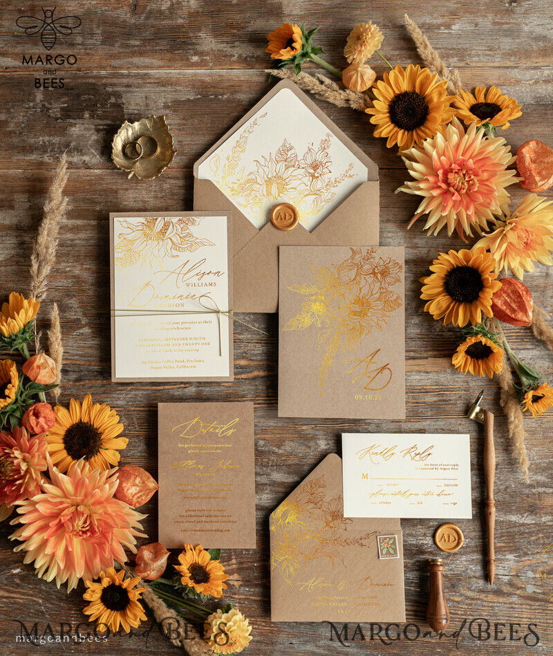  Rustic Glam Wedding Invitations, Bespoke Vintage Wedding Cards, Elegant Golden Shine Wedding Invites, Gold Glitter Sunflower Wedding Invites-0