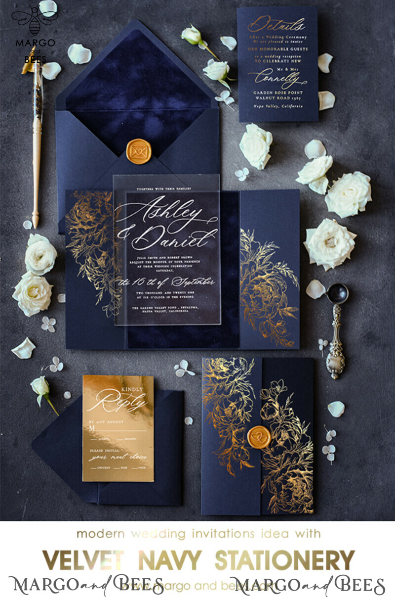  Luxury Gold Foil Wedding Invitations, Elegant Navy Blue Wedding Invitation Suite, Glamour Golden Shine Wedding Cards, Bespoke Plexi Acrylic Wedding Invites-0