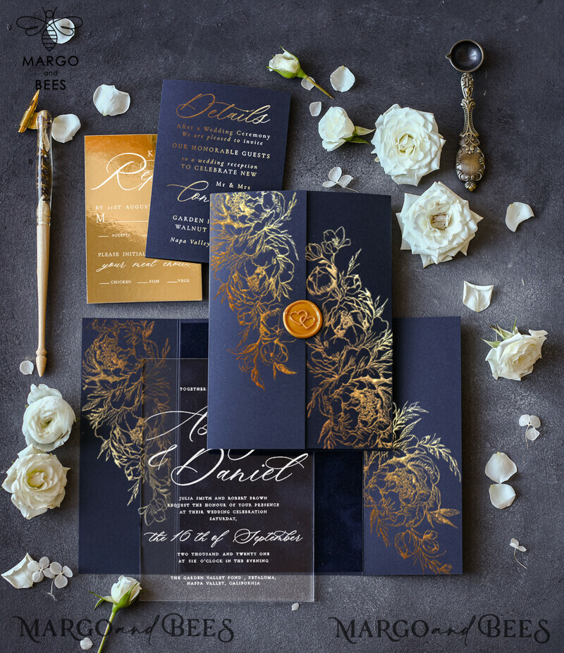  Luxury Gold Foil Wedding Invitations, Elegant Navy Blue Wedding Invitation Suite, Glamour Golden Shine Wedding Cards, Bespoke Plexi Acrylic Wedding Invites-4