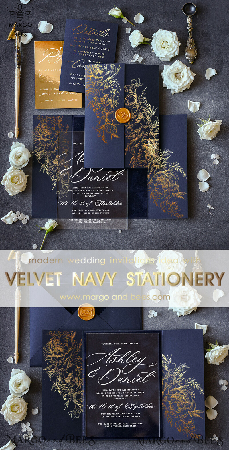  Luxury Gold Foil Wedding Invitations, Elegant Navy Blue Wedding Invitation Suite, Glamour Golden Shine Wedding Cards, Bespoke Plexi Acrylic Wedding Invites-1