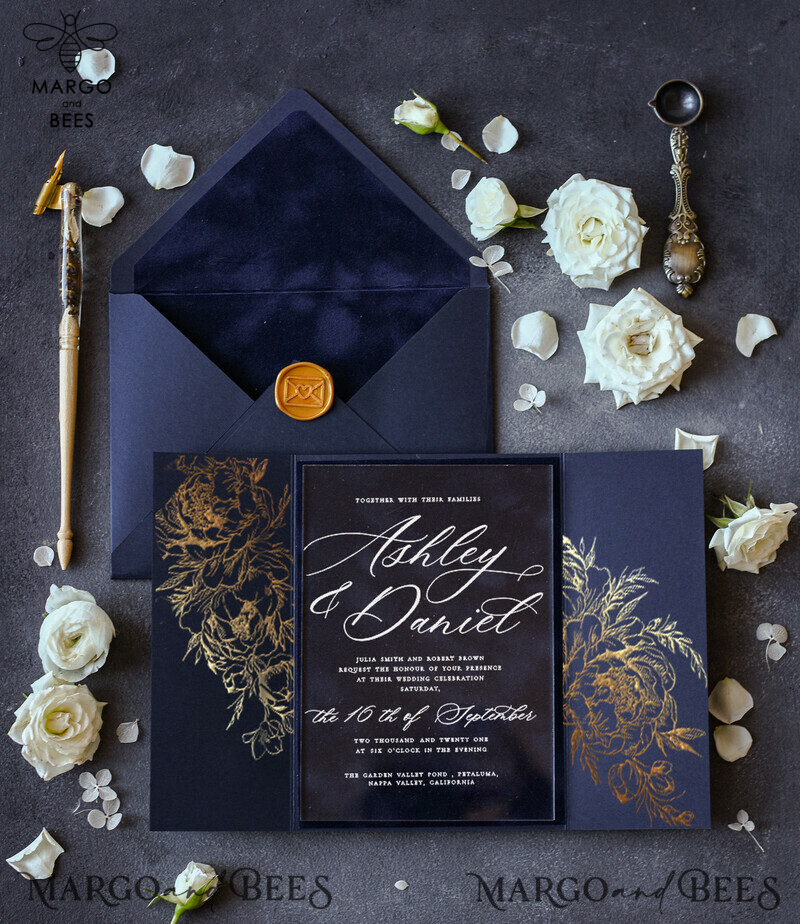  Luxury Gold Foil Wedding Invitations, Elegant Navy Blue Wedding Invitation Suite, Glamour Golden Shine Wedding Cards, Bespoke Plexi Acrylic Wedding Invites-5