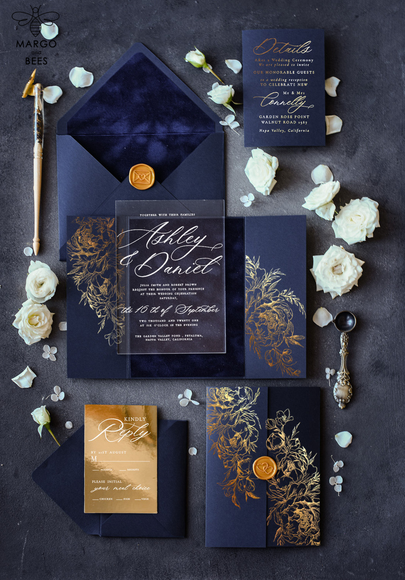 Navy blue Velvet Wedding Invitations, Moody Luxury Wedding Invitation Suite, Clear Wedding Card with Wax seal-0