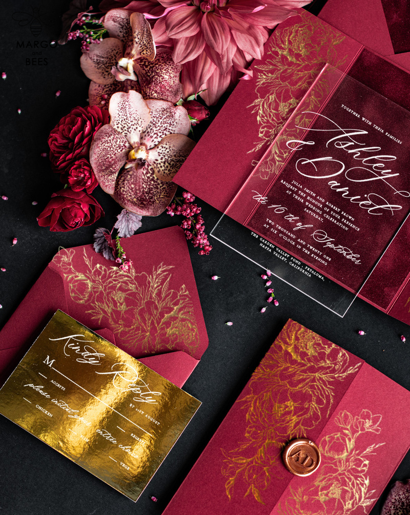 Luxury Velvet wedding Invitations, Clear Burgundy Indian  Wedding Invites,  Glamour Elegant Wedding Cards -3