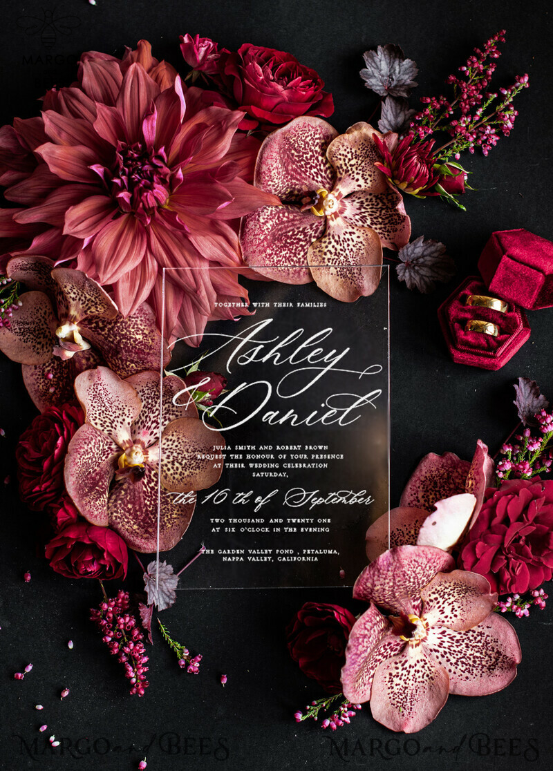 Luxury Red Velvet Wedding Invitations, Elegant Plexi Acrylic Wedding Cards, Glamour Burgundy Arabic Wedding Invites, Indian Golden Shine Wedding Invitation Suite-3