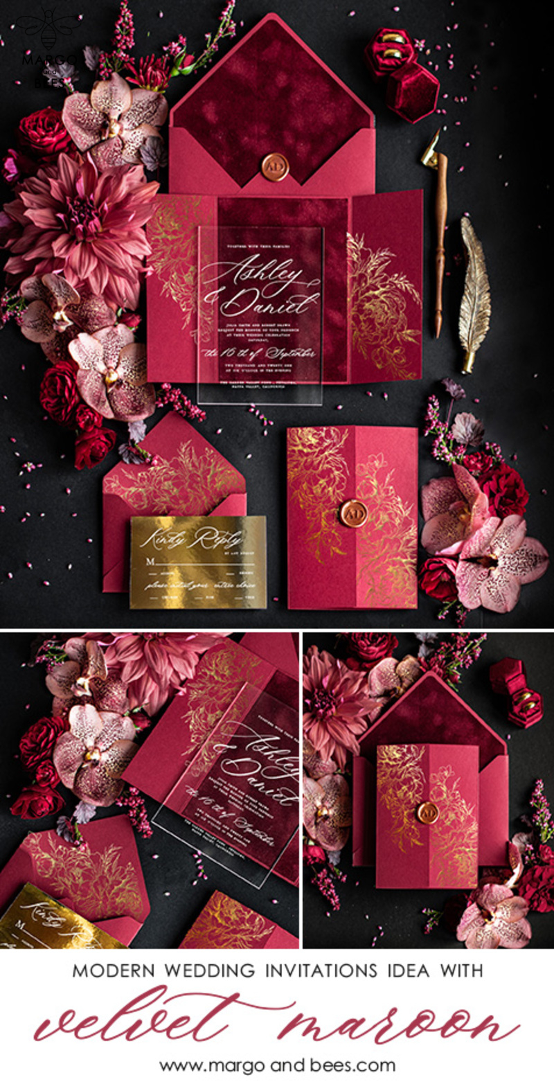 Luxury Velvet wedding Invitations, Clear Burgundy Indian  Wedding Invites,  Glamour Elegant Wedding Cards -4