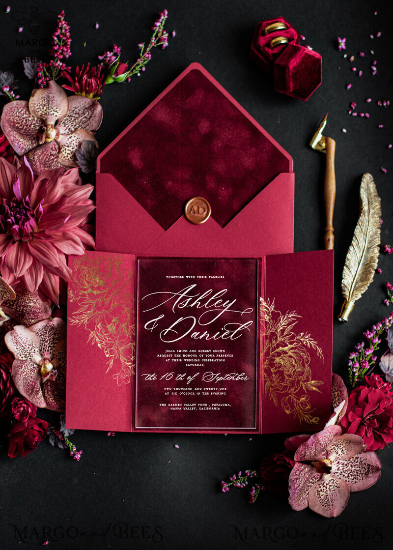 Luxury Red Velvet Wedding Invitations, Elegant Plexi Acrylic Wedding Cards, Glamour Burgundy Arabic Wedding Invites, Indian Golden Shine Wedding Invitation Suite-5